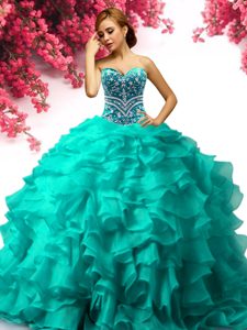 Discount Turquoise Lace Up Quinceanera Dresses Beading and Ruffles Sleeveless Floor Length
