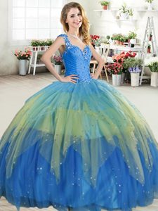 Fashion Turquoise Ball Gowns Sweetheart Sleeveless Organza Floor Length Lace Up Beading and Ruffles 15th Birthday Dress