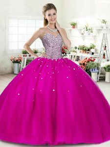 Floor Length Fuchsia Sweet 16 Dresses Sweetheart Sleeveless Lace Up