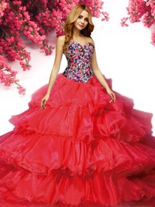 Red Sleeveless Brush Train Beading and Ruffled Layers With Train 15th Birthday Dress