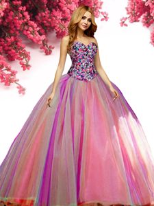 Multi-color Ball Gowns Sweetheart Sleeveless Tulle Floor Length Lace Up Beading Quinceanera Dress