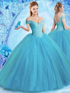 Romantic Teal Off The Shoulder Lace Up Beading Sweet 16 Quinceanera Dress Brush Train Sleeveless