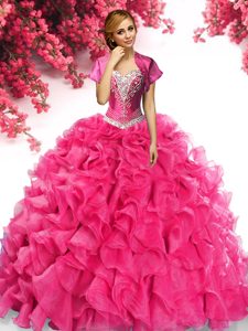 Sweetheart Sleeveless Sweep Train Lace Up Ball Gown Prom Dress Hot Pink Organza