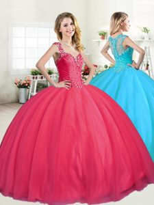 High Class Tulle Straps Sleeveless Zipper Beading Quinceanera Gown in Coral Red