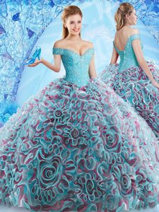 Most Popular Off The Shoulder Sleeveless Fabric With Rolling Flowers 15th Birthday Dress Beading and Appliques and Ruffles Court Train Backless
