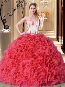 Elegant Sleeveless Floor Length Embroidery and Ruffles Lace Up Vestidos de Quinceanera with Coral Red