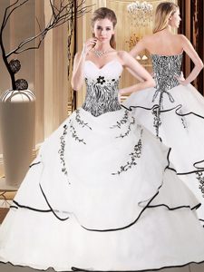 Lace Up 15 Quinceanera Dress White and In for Military Ball and Sweet 16 and Quinceanera with Embroidery Sweep Train