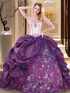 Purple Taffeta Lace Up Quinceanera Gown Sleeveless Floor Length Embroidery