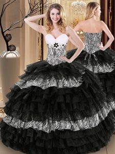 Printed Black Sweetheart Lace Up Ruffled Layers and Pattern Ball Gown Prom Dress Sleeveless