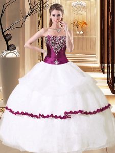 Affordable White Strapless Lace Up Beading Quince Ball Gowns Sleeveless