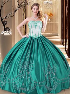 Enchanting Taffeta Strapless Sleeveless Lace Up Embroidery Quinceanera Gowns in Turquoise