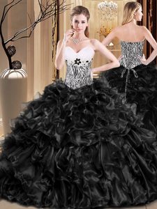 Dazzling Floor Length Black Quinceanera Court Dresses Organza Sleeveless Ruffles