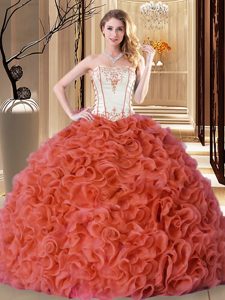 Rust Red Ball Gowns Strapless Sleeveless Fabric With Rolling Flowers Floor Length Lace Up Embroidery and Ruffles Quinceanera Gown