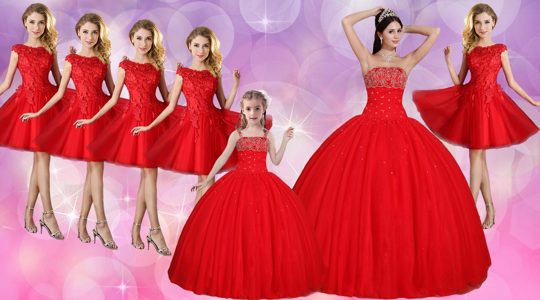 Deluxe Ball Gowns Sweet 16 Dresses Red Strapless Tulle Sleeveless Floor Length Lace Up