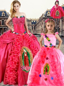 Floor Length Coral Red 15th Birthday Dress Organza Sleeveless Beading and Embroidery and Ruffles