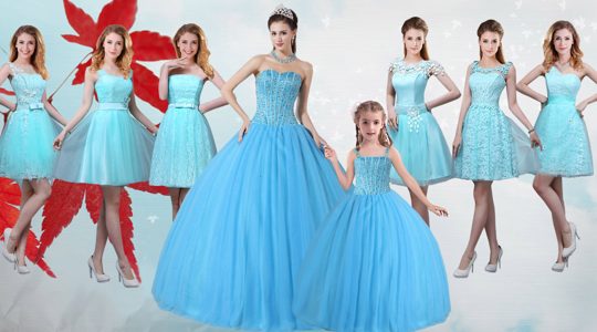 Baby Blue Ball Gowns Strapless Sleeveless Tulle Floor Length Lace Up Beading Quinceanera Dress