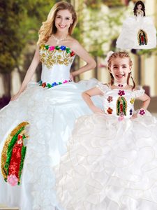 White Ball Gowns Strapless Sleeveless Organza Floor Length Lace Up Beading and Ruffles Ball Gown Prom Dress